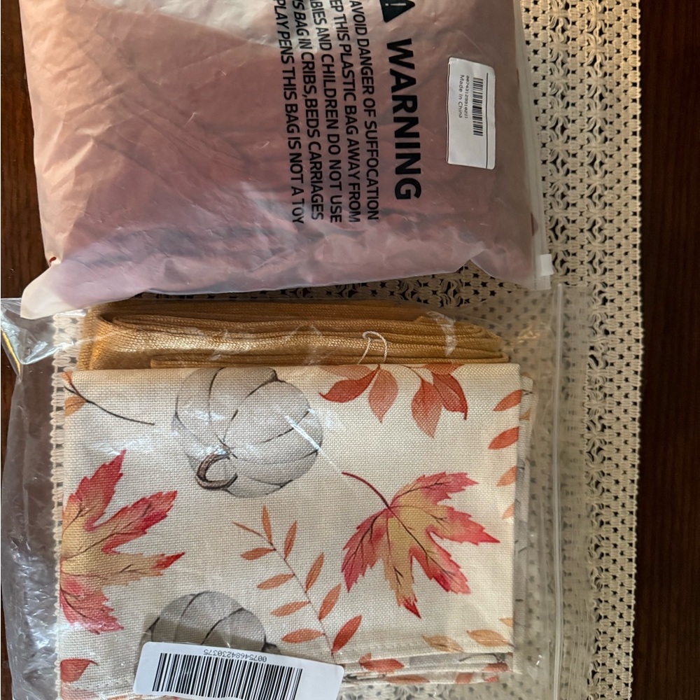 Autumn Leaves and Pumpkins Table Runner Gold Runner & cheese cloth napkins